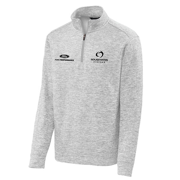 Silver Quarter Zip sweatshirt with black embroidered Ford Performance and Roush Yates Engines logos on front